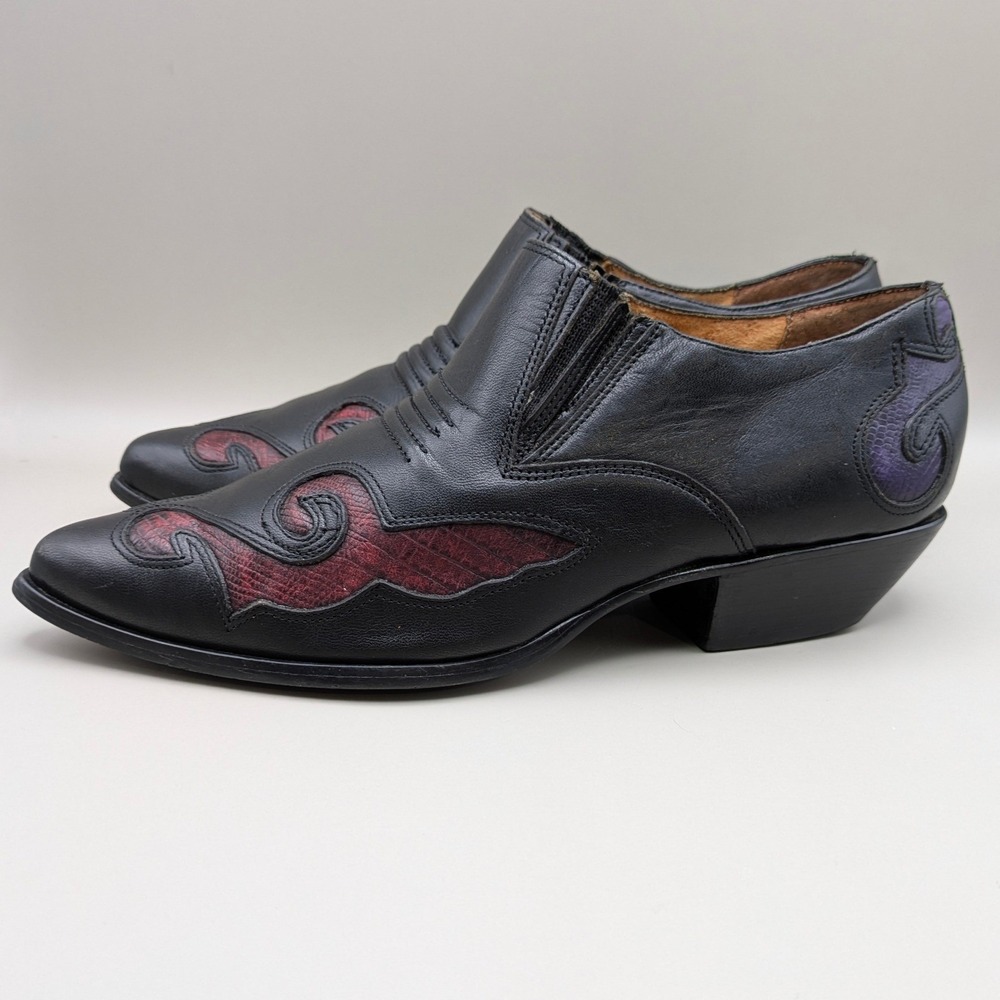 Vintage Nine West Black Leather Western Ankle Boot Red Purple Flame Inlay Sz 5.5
